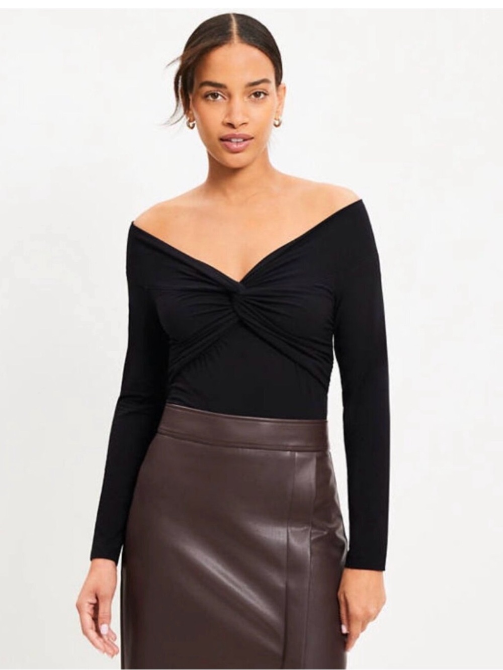 Loft knot Off-Shoulder Twist Front Long-Sleeve Top - Black